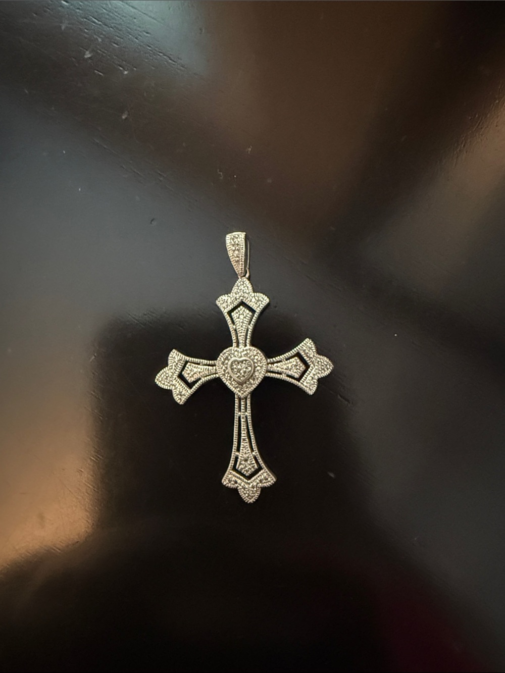 Silver-Tone Cross Pendant with Heart Accent